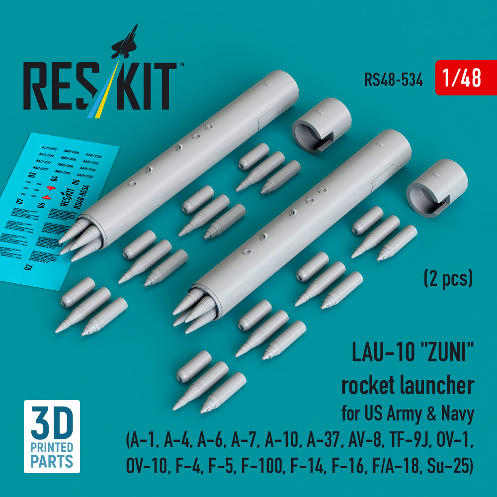 LAU-10 ZUNI rocket launcher for US Army & Navy (2 pcs) (A-1, A-4, A-6, A-7, A-10, A-37, AV-8, TF-9J, OV-1, OV-10, F-4, F-5, F-100, F-14, F-16, F/A-18, Su-25) (3D Printed) Scale 1:48 ResKit RS48-0534