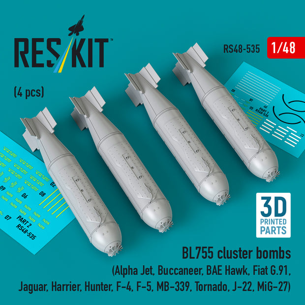 BL755 cluster bombs (4 pcs) (Alpha Jet, Buccaneer, BAE Hawk, Fiat G.91, Jaguar, Harrier, Hunter, F-4, F-5, MB-339, Tornado, J-22, MiG-27) (3D Printed) Scale 1:48 ResKit RS48-0535
