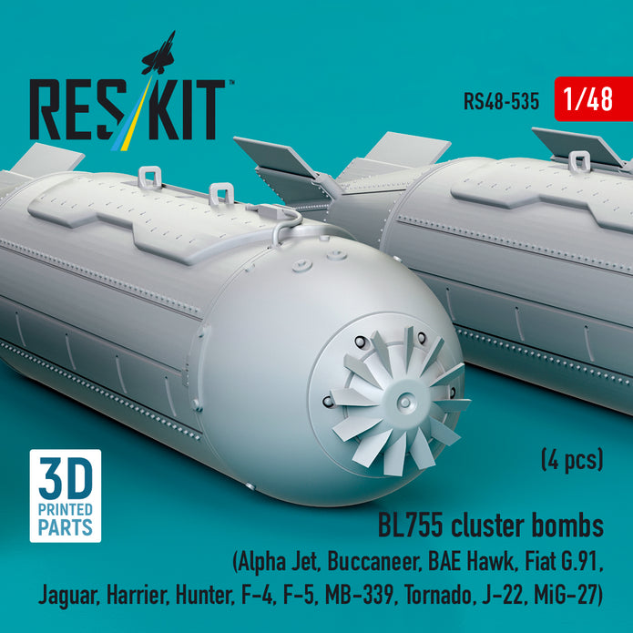 BL755 cluster bombs (4 pcs) (Alpha Jet, Buccaneer, BAE Hawk, Fiat G.91, Jaguar, Harrier, Hunter, F-4, F-5, MB-339, Tornado, J-22, MiG-27) (3D Printed) Scale 1:48 ResKit RS48-0535