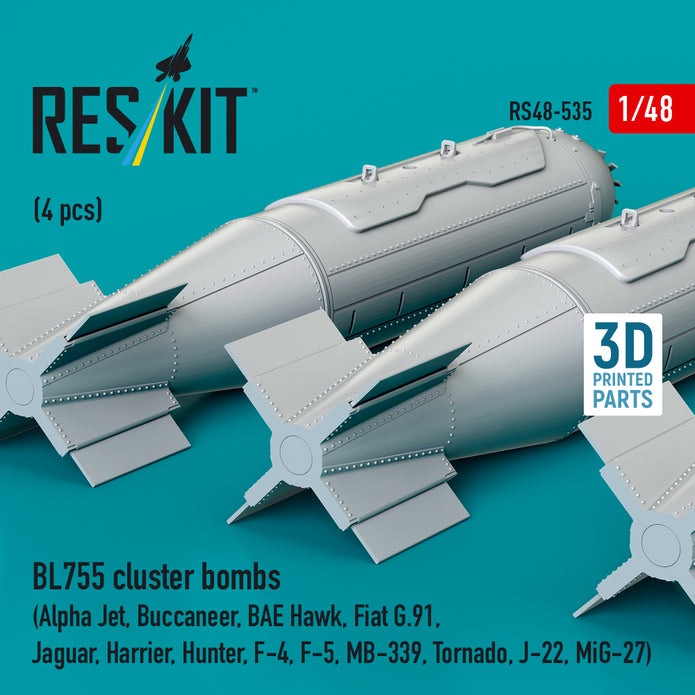 BL755 cluster bombs (4 pcs) (Alpha Jet, Buccaneer, BAE Hawk, Fiat G.91, Jaguar, Harrier, Hunter, F-4, F-5, MB-339, Tornado, J-22, MiG-27) (3D Printed) Scale 1:48 ResKit RS48-0535