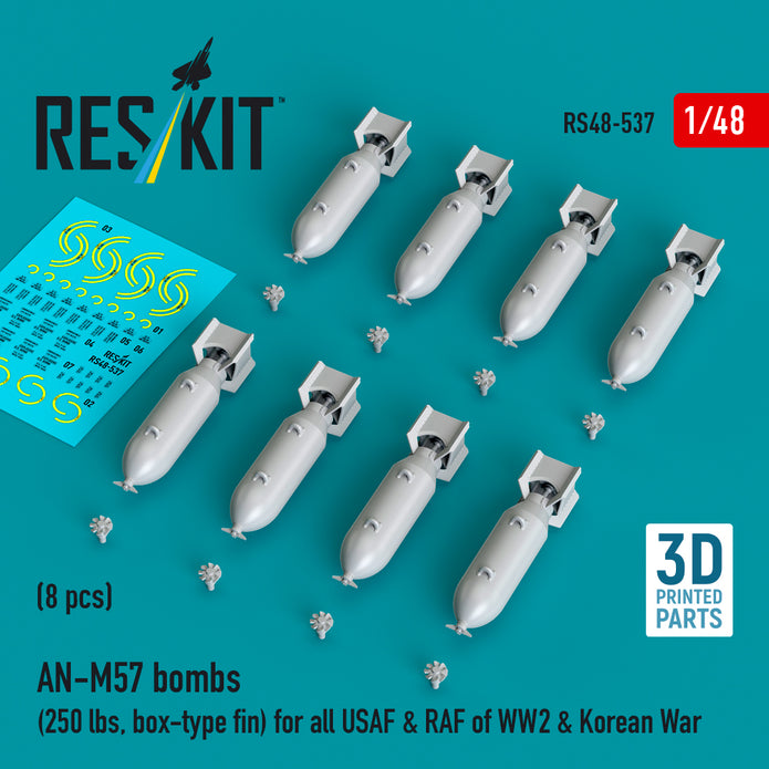 AN-M57 bombs (250 lbs, box-type fin) for all USAF & RAF of WW2 (8 pcs) (3D Printed) Scale 1:48 ResKit RS48-0537