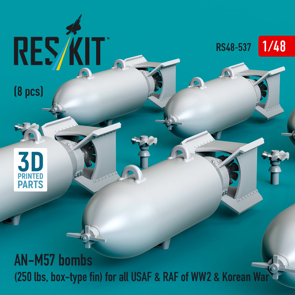 AN-M57 bombs (250 lbs, box-type fin) for all USAF & RAF of WW2 (8 pcs) (3D Printed) Scale 1:48 ResKit RS48-0537