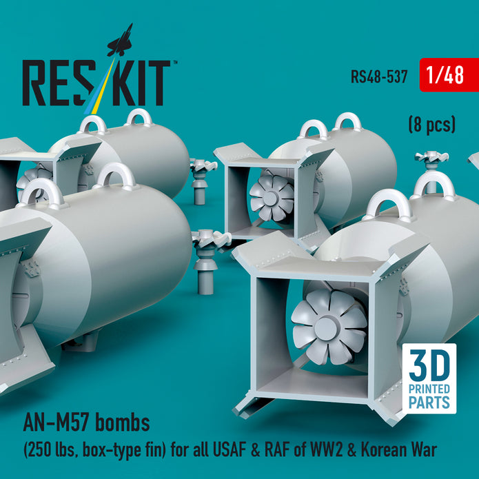 AN-M57 bombs (250 lbs, box-type fin) for all USAF & RAF of WW2 (8 pcs) (3D Printed) Scale 1:48 ResKit RS48-0537