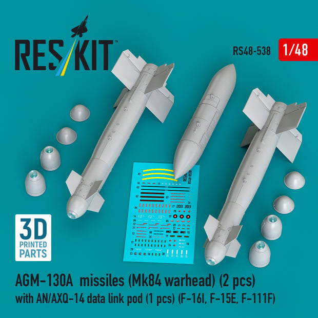 AGM-130A missiles (2 pcs) (Mk84 warhead) with AN/AXQ-14 data link pod (1 pcs) (F-16I, F-15E, F-111F) (3D Printed) Scale 1:48 ResKit RS48-0538