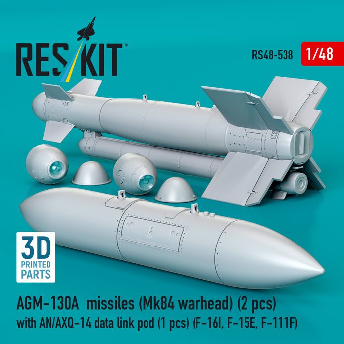 AGM-130A missiles (2 pcs) (Mk84 warhead) with AN/AXQ-14 data link pod (1 pcs) (F-16I, F-15E, F-111F) (3D Printed) Scale 1:48 ResKit RS48-0538