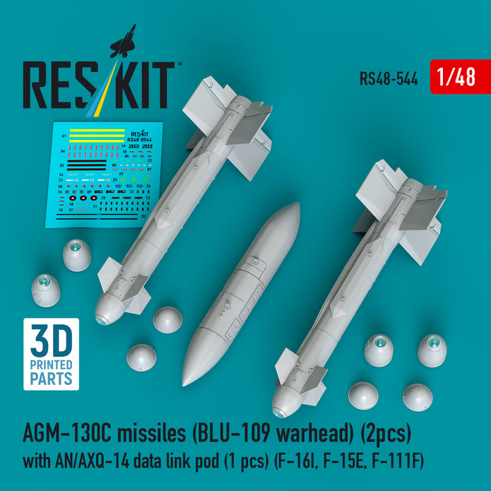 AGM-130C missiles (2 pcs) (BLU-109 warhead) with AN/AXQ-14 data link pod (1 pcs) (F-16I, F-15E, F-111F) (3D Printed) Scale 1:48 ResKit RS48-0544