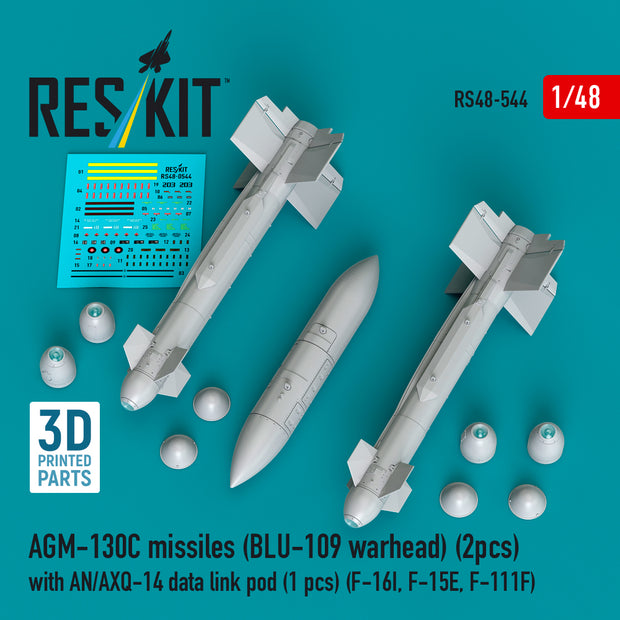 AGM-130C missiles (2 pcs) (BLU-109 warhead) with AN/AXQ-14 data link pod (1 pcs) (F-16I, F-15E, F-111F) (3D Printed) Scale 1:48 ResKit RS48-0544