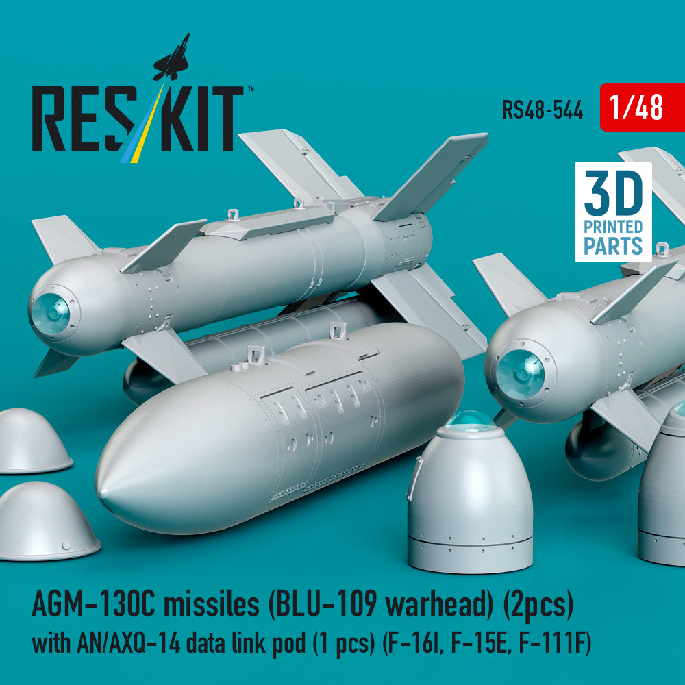 AGM-130C missiles (2 pcs) (BLU-109 warhead) with AN/AXQ-14 data link pod (1 pcs) (F-16I, F-15E, F-111F) (3D Printed) Scale 1:48 ResKit RS48-0544