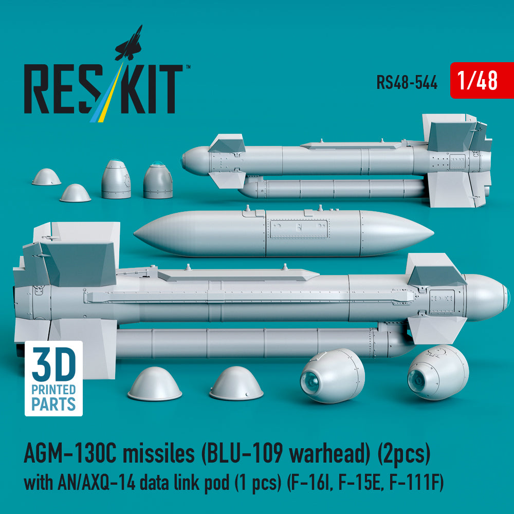 AGM-130C missiles (2 pcs) (BLU-109 warhead) with AN/AXQ-14 data link pod (1 pcs) (F-16I, F-15E, F-111F) (3D Printed) Scale 1:48 ResKit RS48-0544