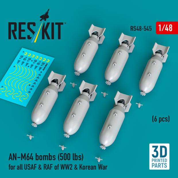 AN-M64 bombs (6 pcs) (500 lbs) for all USAF & RAF of WW2 & Korean War (3D Printed) Scale 1:48 ResKit RS48-0545