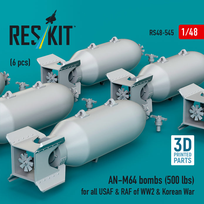 AN-M64 bombs (6 pcs) (500 lbs) for all USAF & RAF of WW2 (3D Printed) Scale 1:48 ResKit RS48-0545