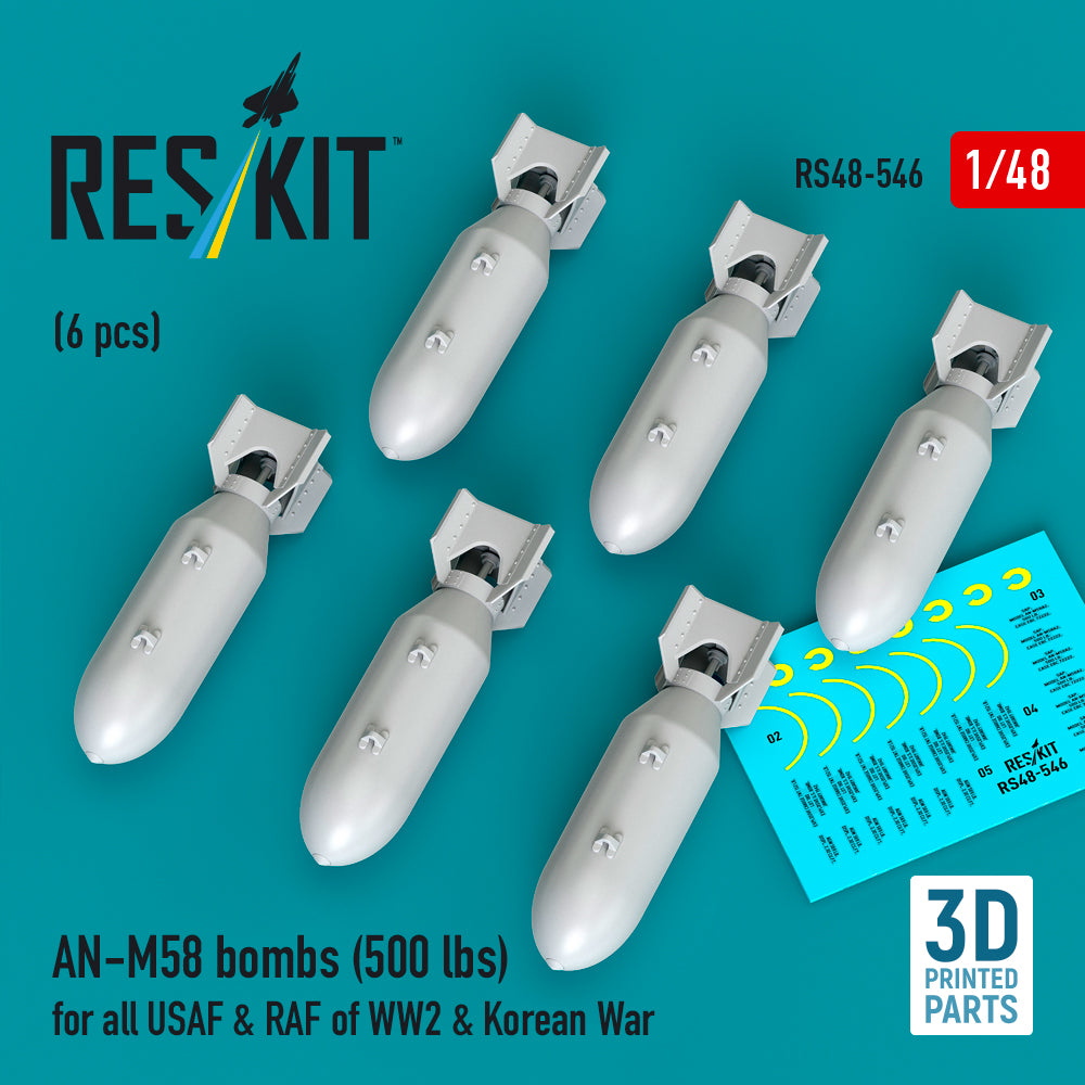 AN-M58 bombs (6 pcs) (500 lbs) for all USAF & RAF of WW2 (3D Printed) Scale 1:48 ResKit RS48-0546