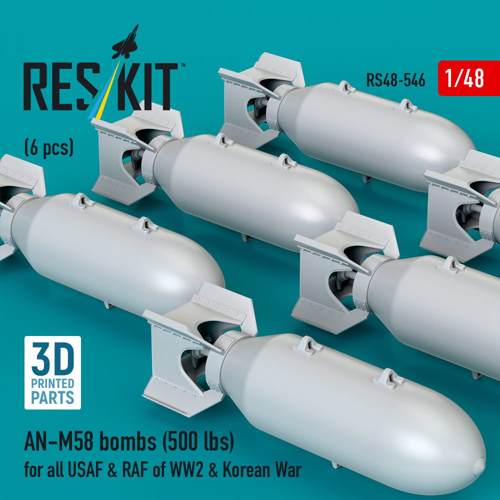 AN-M58 bombs (6 pcs) (500 lbs) for all USAF & RAF of WW2 (3D Printed) Scale 1:48 ResKit RS48-0546