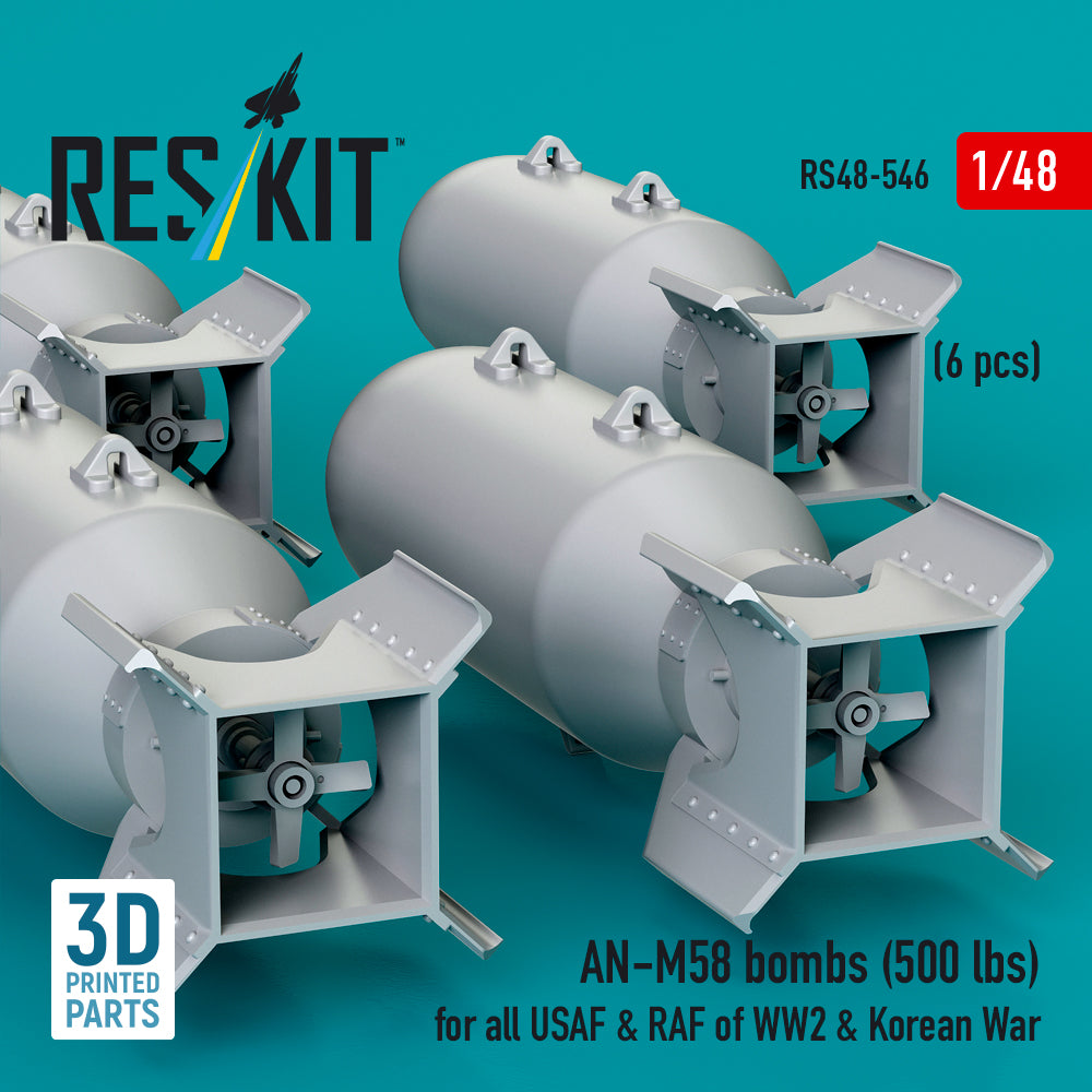 AN-M58 bombs (6 pcs) (500 lbs) for all USAF & RAF of WW2 (3D Printed) Scale 1:48 ResKit RS48-0546