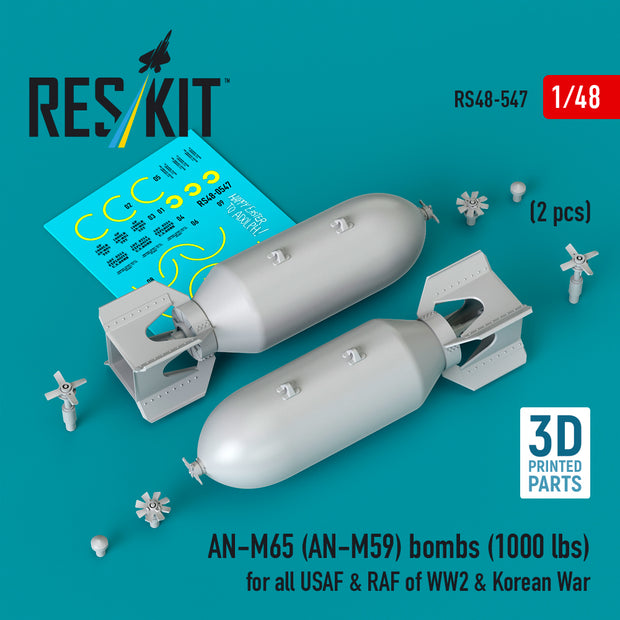 AN-M65 (AN-M59) bombs (2 pcs) (1000 lbs) for all USAF & RAF of WW2 & Korean War (3D Printed) Scale 1:48 ResKit RS48-0547