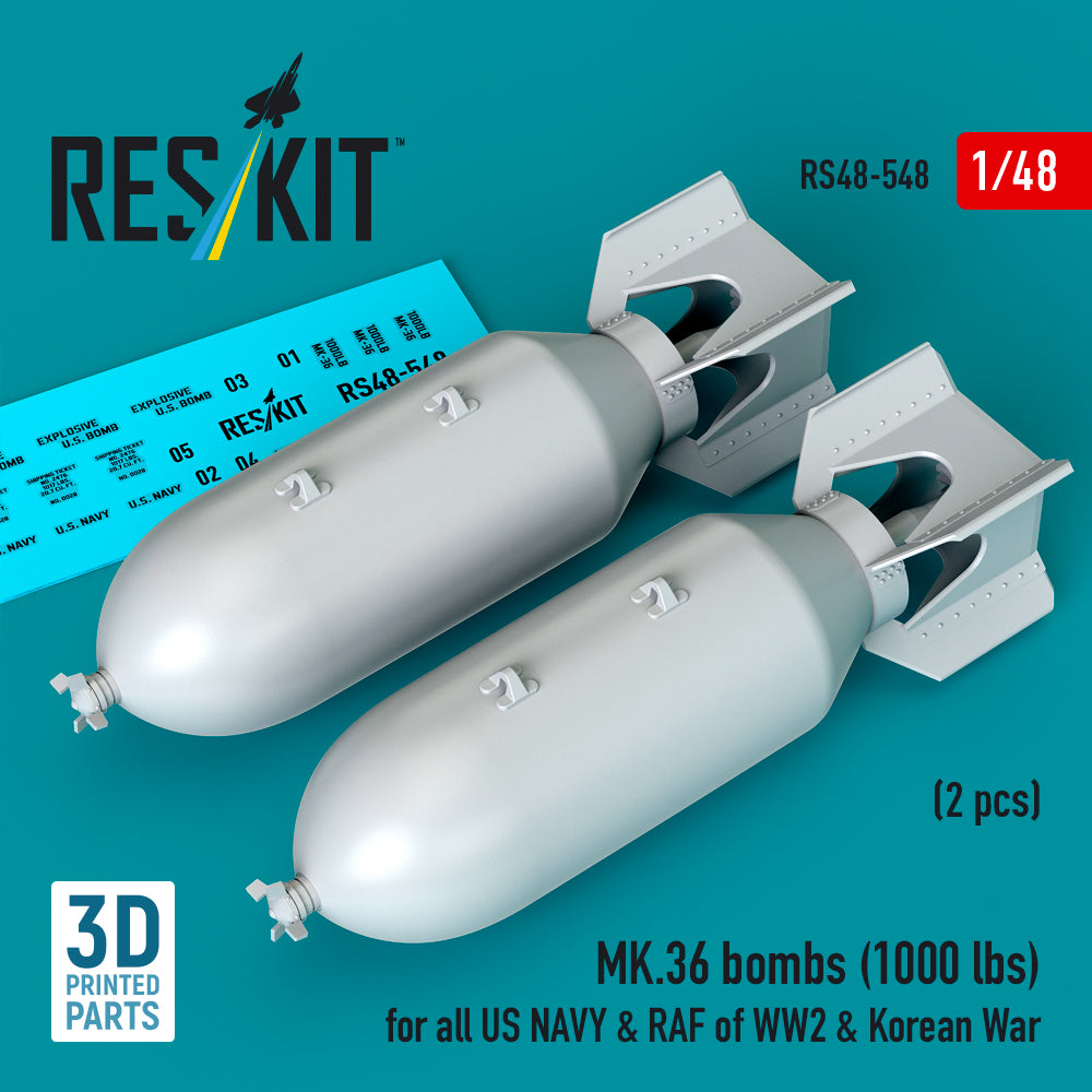 MK.36 bombs (2 pcs) (1000 lbs) for all US NAVY & RAF of WW2 (3D Printed) Scale 1:48 ResKit RS48-0548