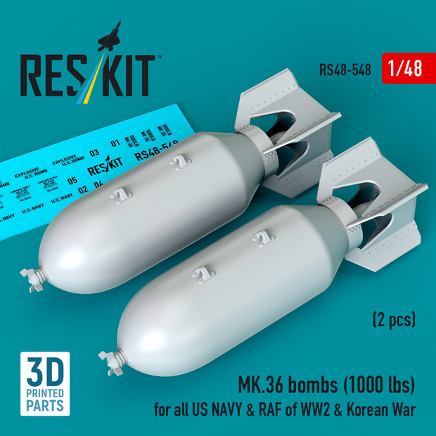 MK.36 bombs (2 pcs) (1000 lbs) for all US NAVY & RAF of WW2 & Korean War (3D Printed) Scale 1:48 ResKit RS48-0548