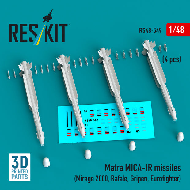 Matra MICA-IR missiles (4 pcs) (Mirage 2000, Rafale, Gripen, Eurofighter) (3D Printed) Scale 1:48 ResKit RS48-0549