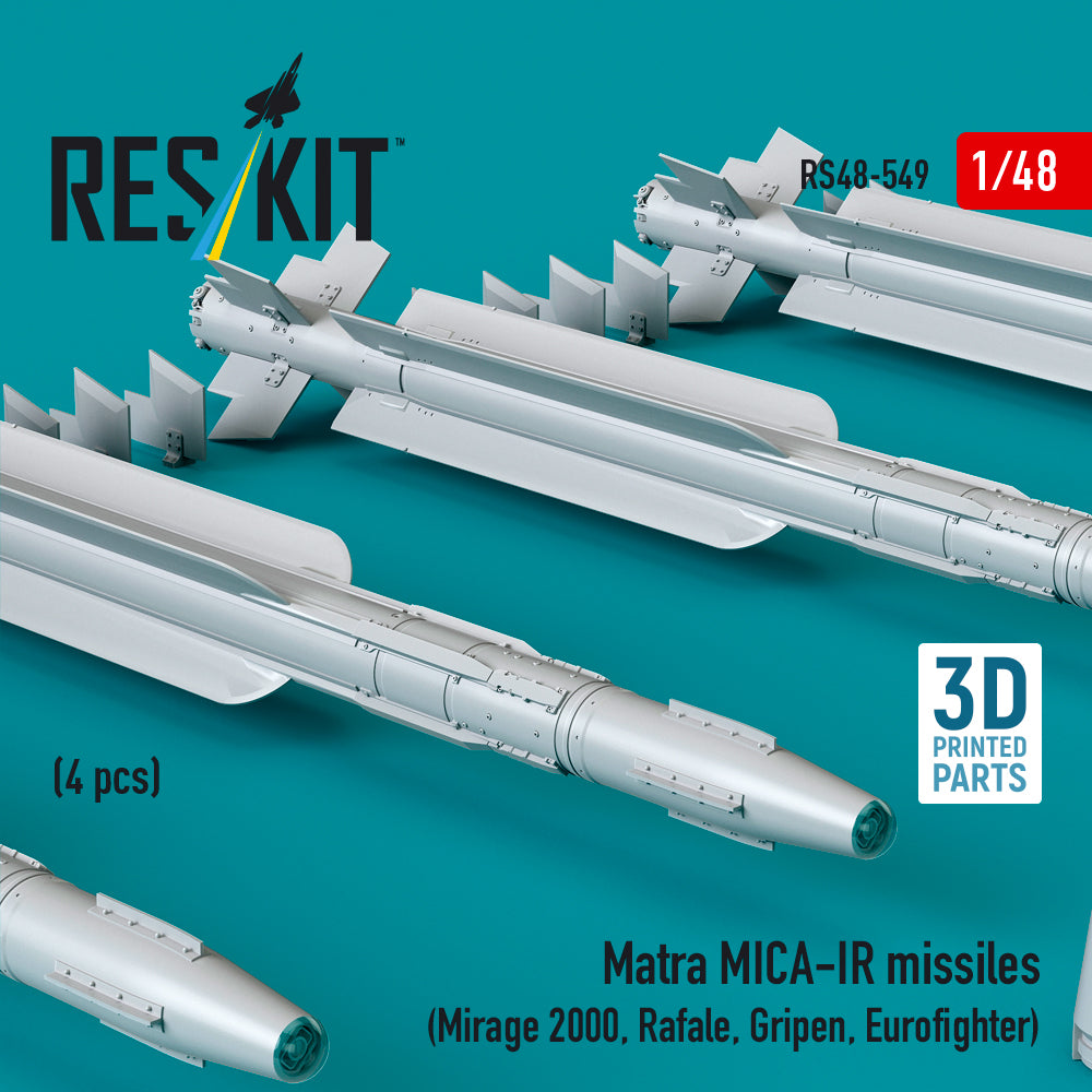 Matra MICA-IR missiles (4 pcs) (Mirage 2000, Rafale, Gripen, Eurofighter) (3D Printed) Scale 1:48 ResKit RS48-0549