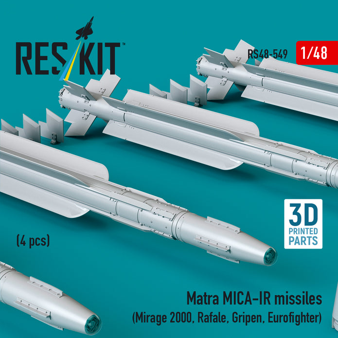 Matra MICA-IR missiles (4 pcs) (Mirage 2000, Rafale, Gripen, Eurofighter) (3D Printed) Scale 1:48 ResKit RS48-0549