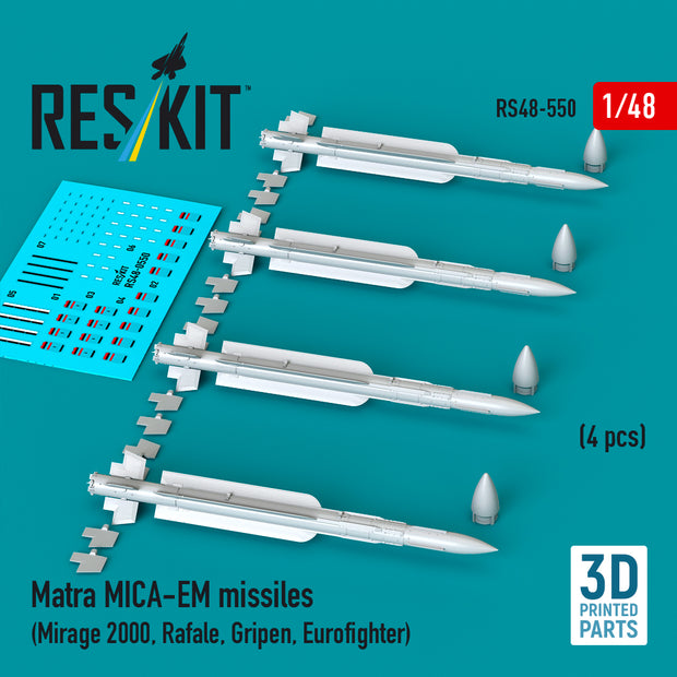 Matra MICA-EM missiles (4 pcs) (Mirage 2000, Rafale, Gripen, Eurofighter) (3D Printed) Scale 1:48 ResKit RS48-0550