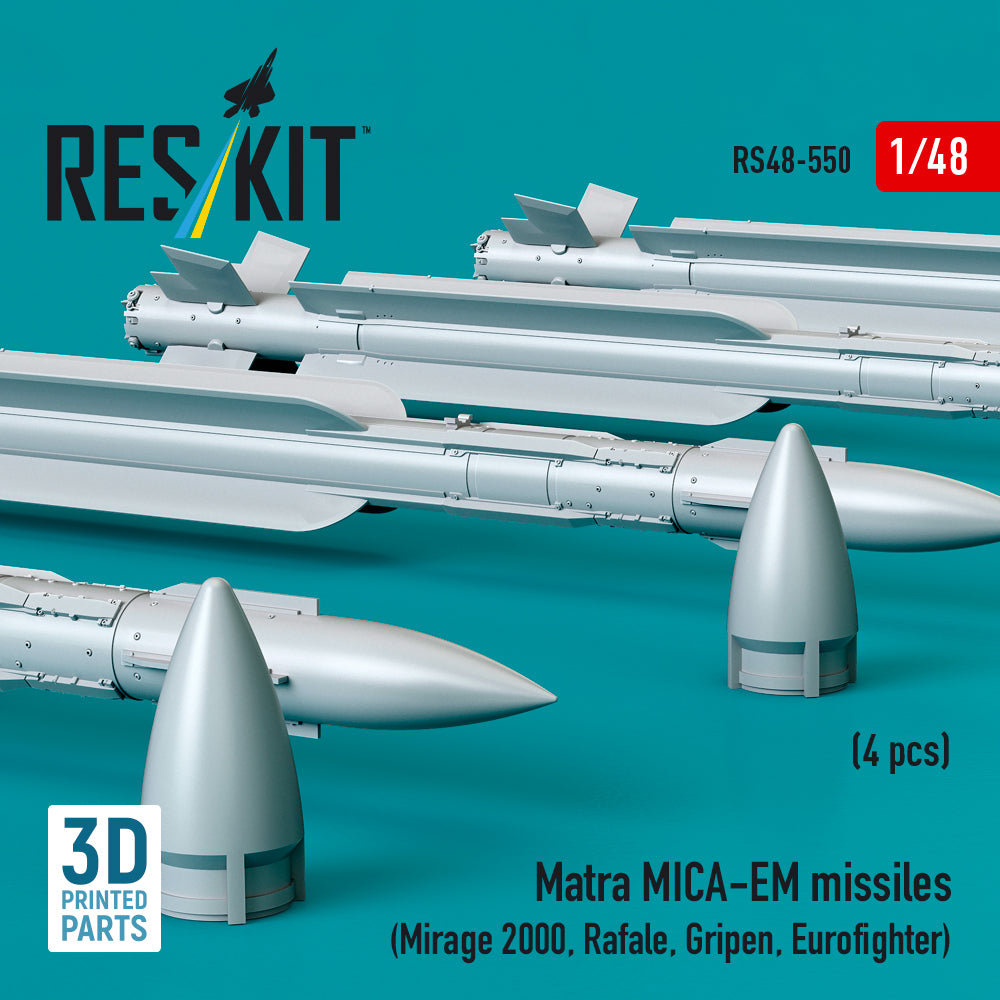 Matra MICA-EM missiles (4 pcs) (Mirage 2000, Rafale, Gripen, Eurofighter) (3D Printed) Scale 1:48 ResKit RS48-0550
