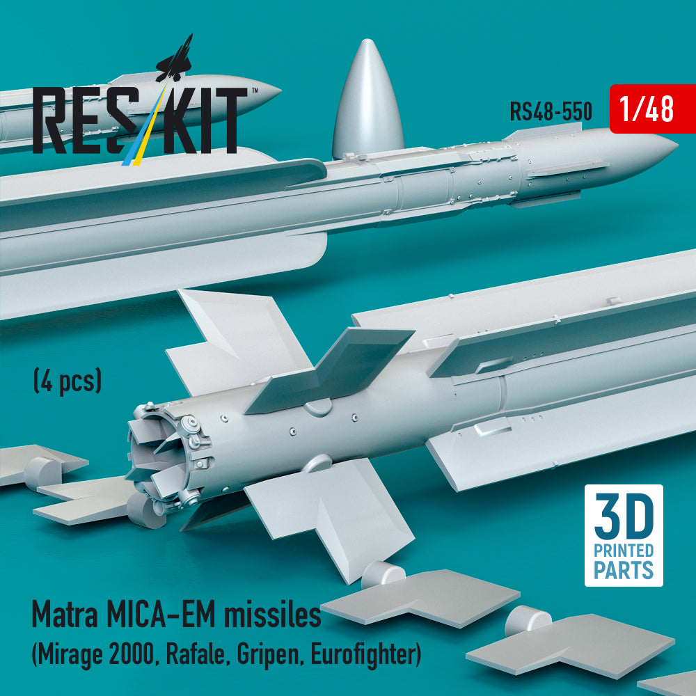 Matra MICA-EM missiles (4 pcs) (Mirage 2000, Rafale, Gripen, Eurofighter) (3D Printed) Scale 1:48 ResKit RS48-0550