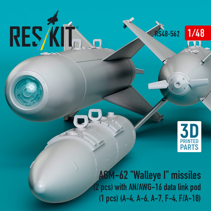 AGM-62 Walleye I missiles (2 pcs) with AN/AWG-16 data link pod (1 pcs) (A-4, A-6, A-7, F-4, F/A-18) (3D Printed) Scale 1:48 ResKit RS48-0562