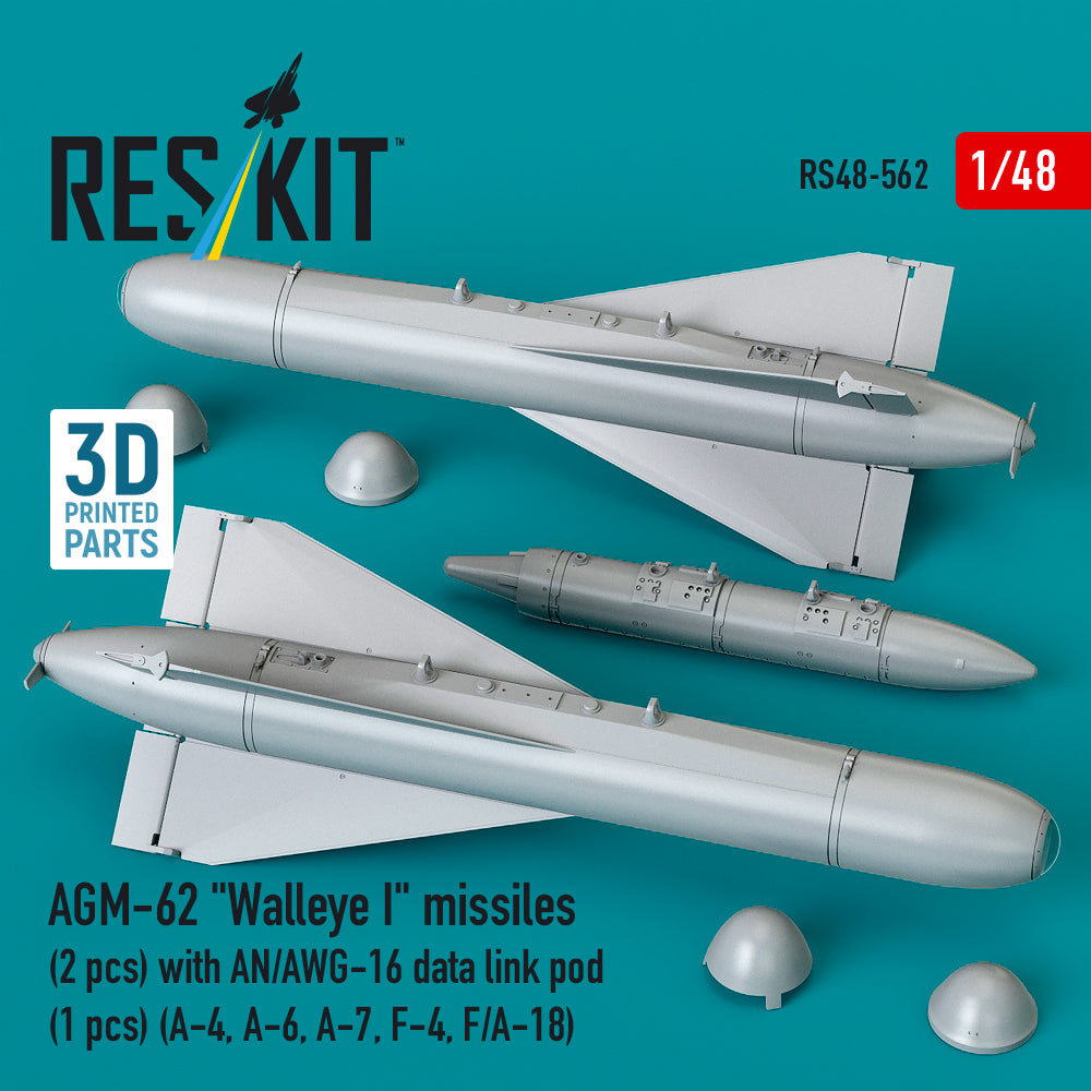 AGM-62 Walleye I missiles (2 pcs) with AN/AWG-16 data link pod (1 pcs) (A-4, A-6, A-7, F-4, F/A-18) (3D Printed) Scale 1:48 ResKit RS48-0562
