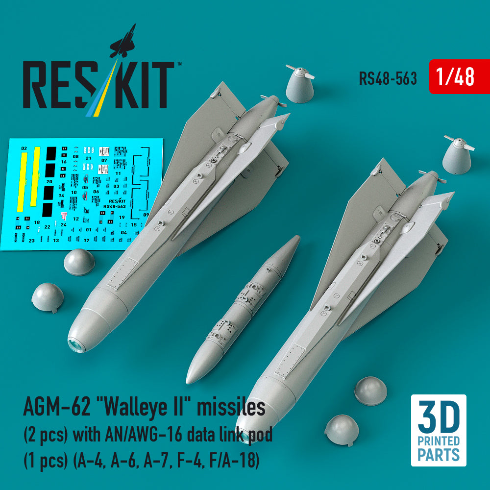AGM-62 Walleye II missiles (2 pcs) with AN/AWG-16 data link pod (1 pcs) (A-4, A-6, A-7, F-4, F/A-18) (3D Printed) Scale 1:48 ResKit RS48-0563