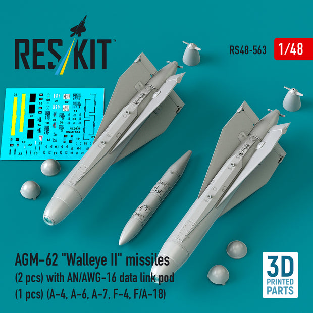 AGM-62 Walleye II missiles (2 pcs) with AN/AWG-16 data link pod (1 pcs) (A-4, A-6, A-7, F-4, F/A-18) (3D Printed) Scale 1:48 ResKit RS48-0563