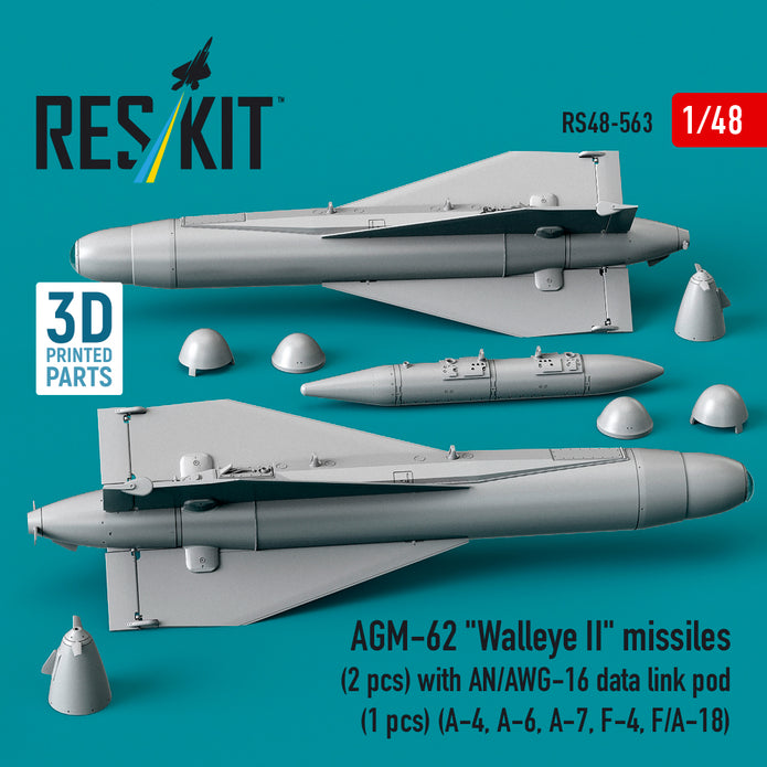 AGM-62 Walleye II missiles (2 pcs) with AN/AWG-16 data link pod (1 pcs) (A-4, A-6, A-7, F-4, F/A-18) (3D Printed) Scale 1:48 ResKit RS48-0563