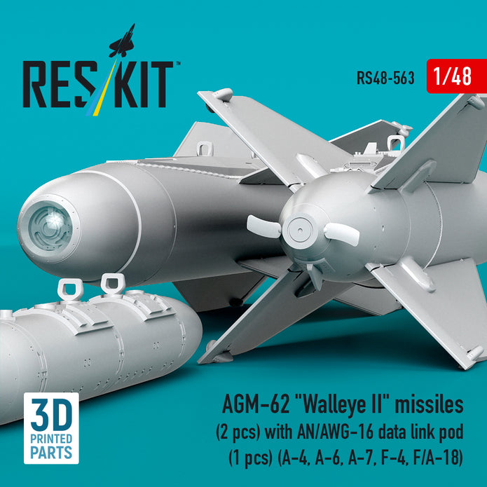 AGM-62 Walleye II missiles (2 pcs) with AN/AWG-16 data link pod (1 pcs) (A-4, A-6, A-7, F-4, F/A-18) (3D Printed) Scale 1:48 ResKit RS48-0563