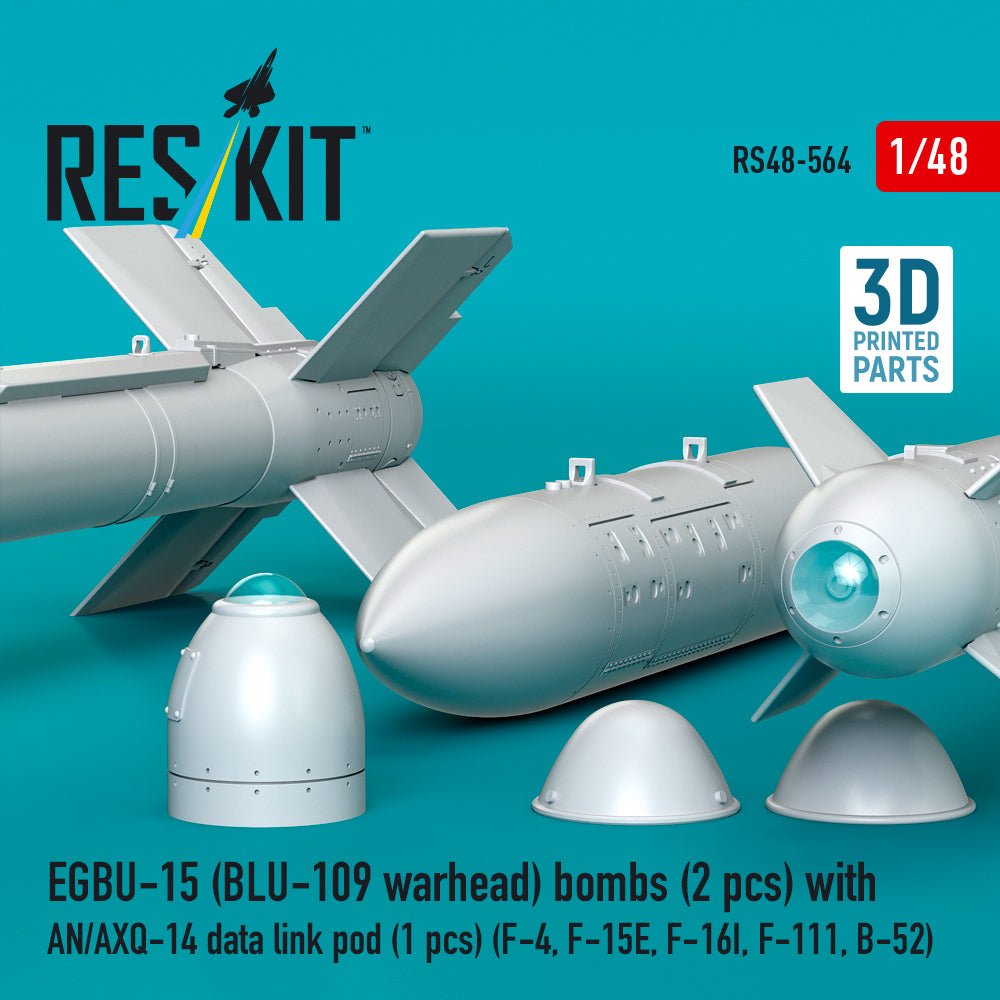 EGBU-15 (BLU-109 warhead) bombs (2 pcs) with AN/AXQ-14 data link pod (1 pcs) (F-4, F-15E, F-16I, F-111, B-52) (3D Printed) Scale 1:48 ResKit RS48-0564