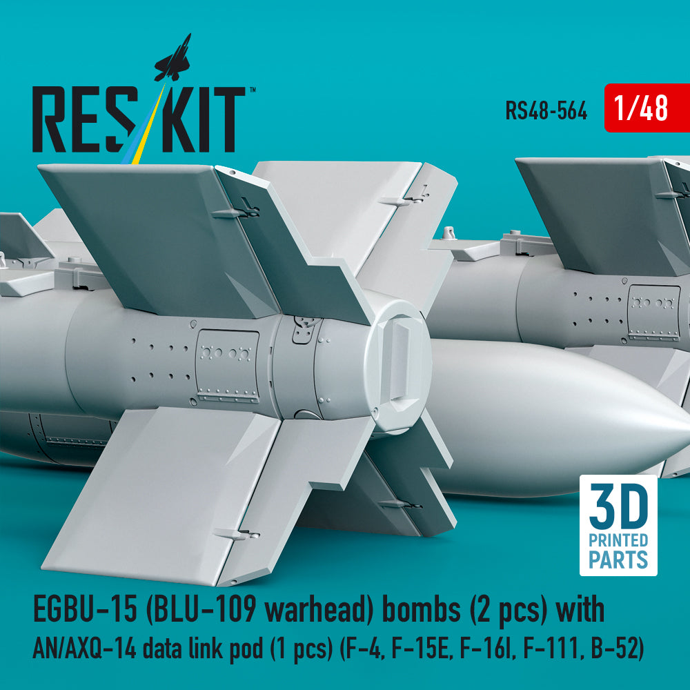 EGBU-15 (BLU-109 warhead) bombs (2 pcs) with AN/AXQ-14 data link pod (1 pcs) (F-4, F-15E, F-16I, F-111, B-52) (3D Printed) Scale 1:48 ResKit RS48-0564
