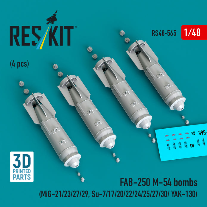 FAB-250 М-54 bombs (4 pcs) (MiG-21/23/27/29, Su-7/17/20/22/24/25/27/30/ YAK-130) (3D Printed) Scale 1:48 ResKit RS48-0565