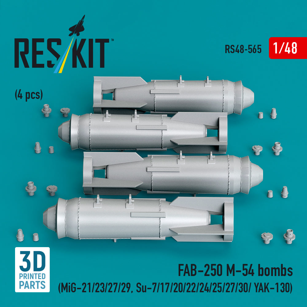 FAB-250 М-54 bombs (4 pcs) (MiG-21/23/27/29, Su-7/17/20/22/24/25/27/30/ YAK-130) (3D Printed) Scale 1:48 ResKit RS48-0565