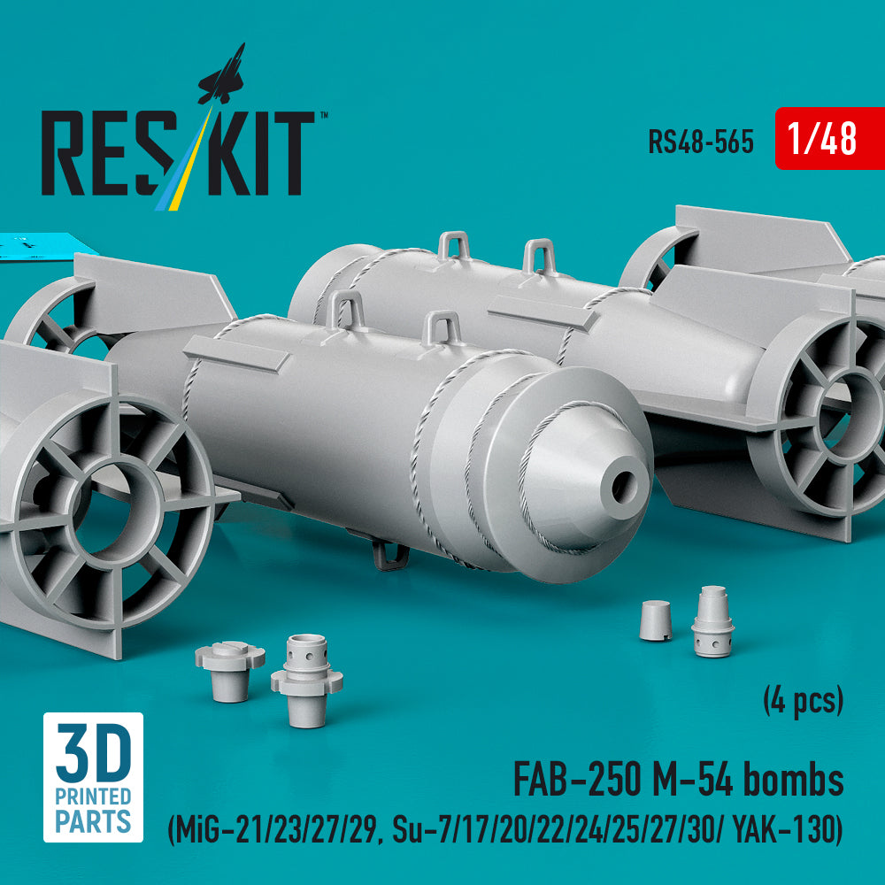 FAB-250 М-54 bombs (4 pcs) (MiG-21/23/27/29, Su-7/17/20/22/24/25/27/30/ YAK-130) (3D Printed) Scale 1:48 ResKit RS48-0565