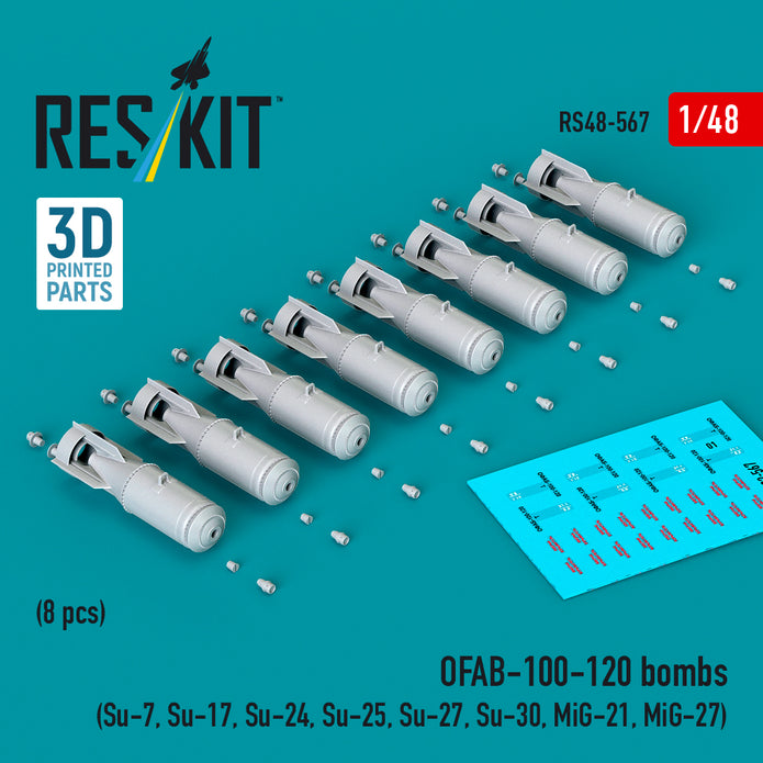 OFAB-100-120 bombs (8 pcs) (Su-7, Su-17, Su-24, Su-25, Su-27, Su-30, MiG-21, MiG-27) (3D Printed) Scale 1:48 ResKit RS48-0567