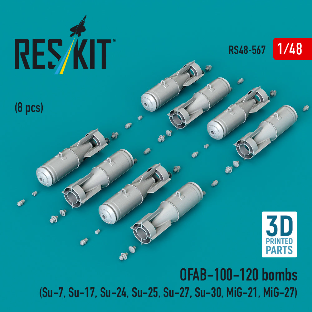 OFAB-100-120 bombs (8 pcs) (Su-7, Su-17, Su-24, Su-25, Su-27, Su-30, MiG-21, MiG-27) (3D Printed) Scale 1:48 ResKit RS48-0567