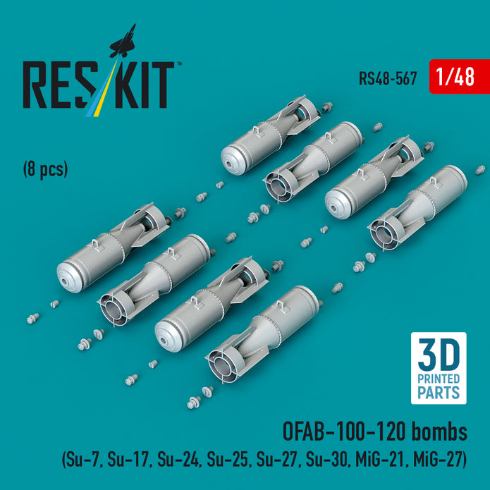 OFAB-100-120 bombs (8 pcs) (Su-7, Su-17, Su-24, Su-25, Su-27, Su-30, MiG-21, MiG-27) (3D Printed) Scale 1:48 ResKit RS48-0567