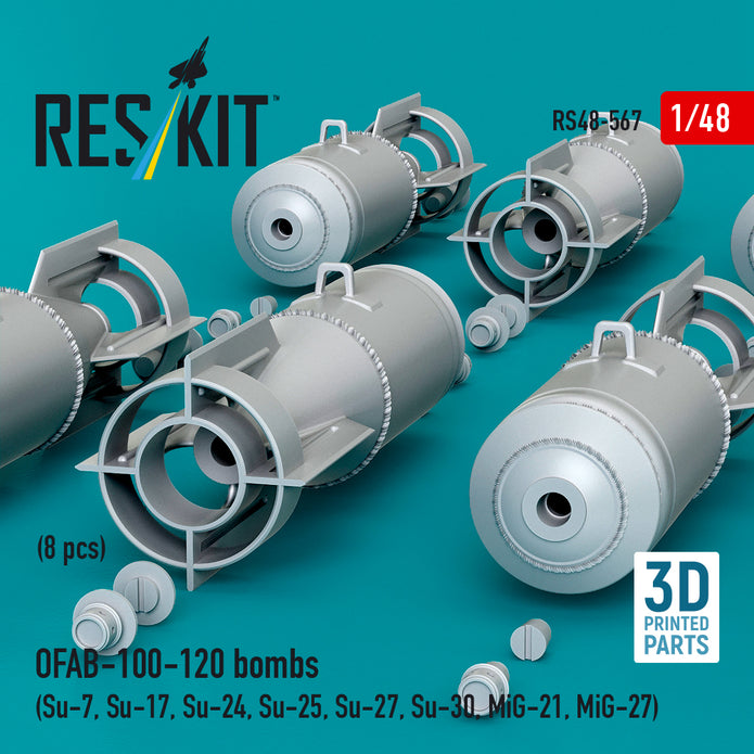 OFAB-100-120 bombs (8 pcs) (Su-7, Su-17, Su-24, Su-25, Su-27, Su-30, MiG-21, MiG-27) (3D Printed) Scale 1:48 ResKit RS48-0567