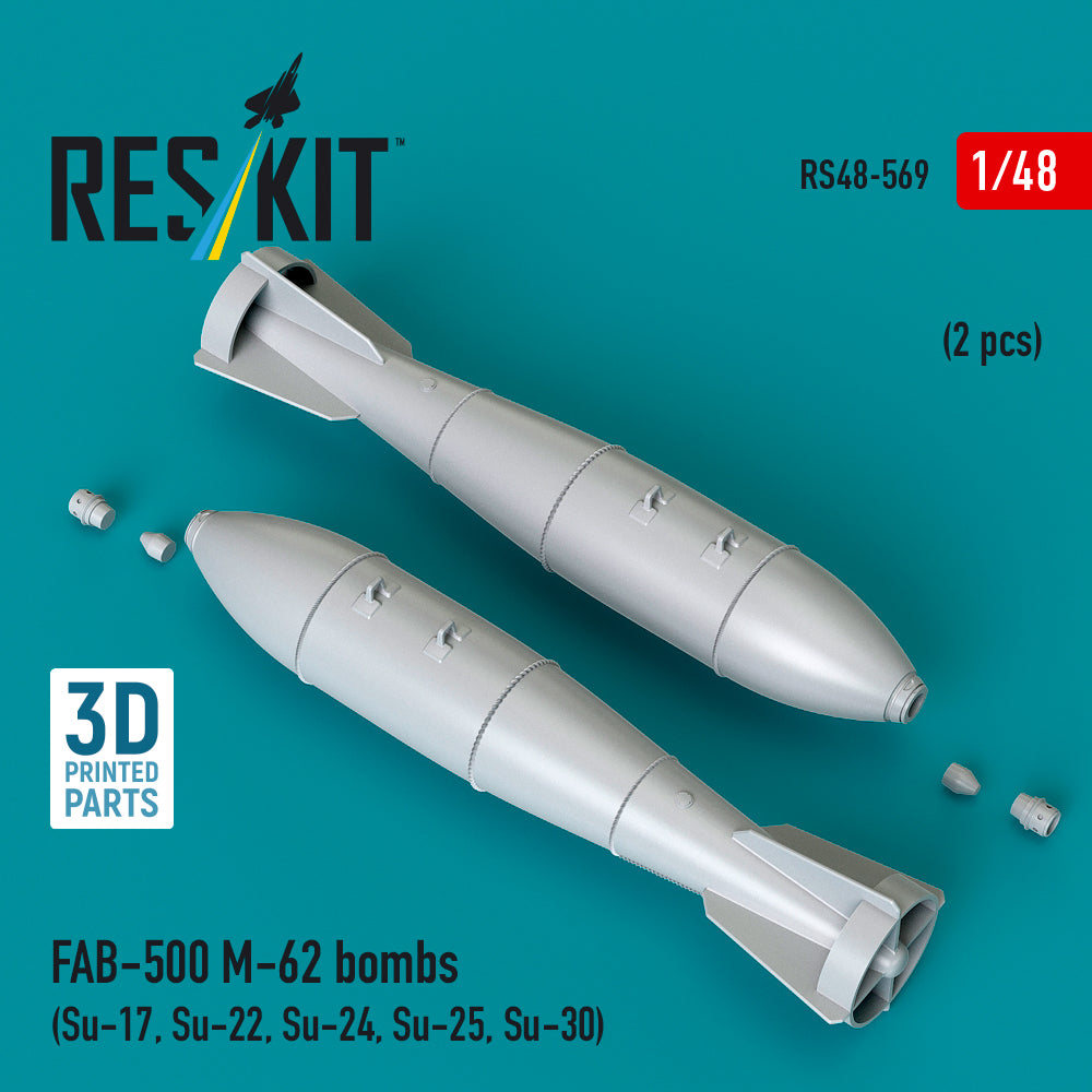 FAB-500 M-62 bombs (2 pcs) (Su-17, Su-22, Su-24, Su-25, Su-30) (3D Printed) Scale 1:48 ResKit RS48-0569