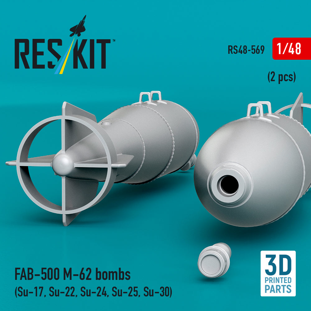 FAB-500 M-62 bombs (2 pcs) (Su-17, Su-22, Su-24, Su-25, Su-30) (3D Printed) Scale 1:48 ResKit RS48-0569
