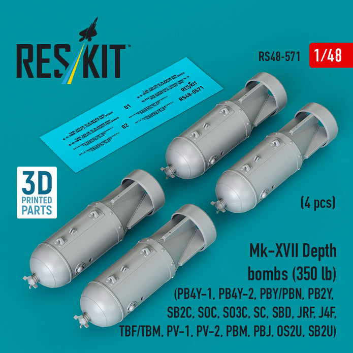 Mk-XVII Depth bombs (350 lb) (4 pcs) (PB4Y-1, PB4Y-2, PBY/PBN, PB2Y, SB2C, SOC, SO3C, SC, SBD, JRF, J4F, TBF/TBM, PV-1, PV-2, PBM, PBJ, OS2U, SB2U ) (3D Printed) Scale 1:48 ResKit RS48-0571