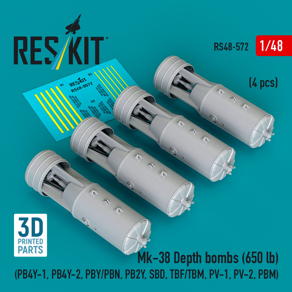 Mk-38 Depth bombs (650 lb) (4 pcs) (PB4Y-1, PB4Y-2, PBY/PBN, PB2Y, SBD, TBF/TBM, PV-1, PV-2, PBM) (3D Printed) Scale 1:48 ResKit RS48-0572