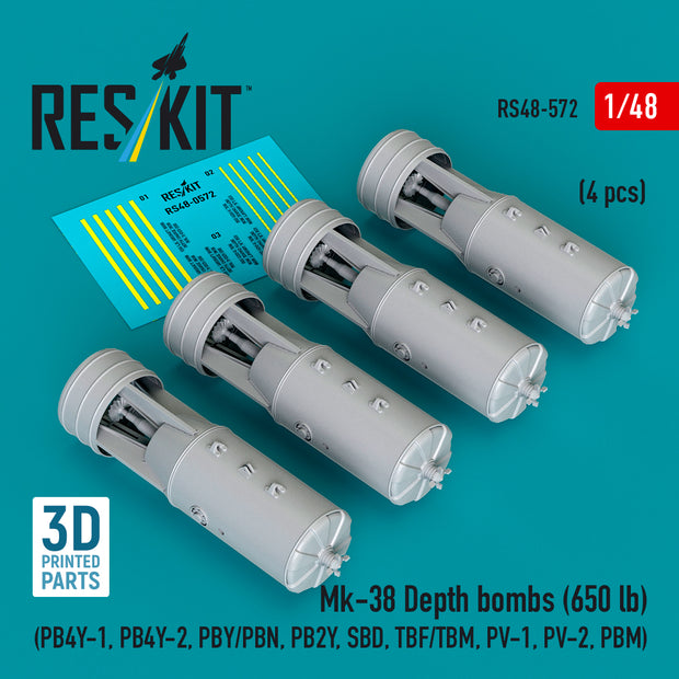 Mk-38 Depth bombs (650 lb) (4 pcs) (PB4Y-1, PB4Y-2, PBY/PBN, PB2Y, SBD, TBF/TBM, PV-1, PV-2, PBM) (3D Printed) Scale 1:48 ResKit RS48-0572