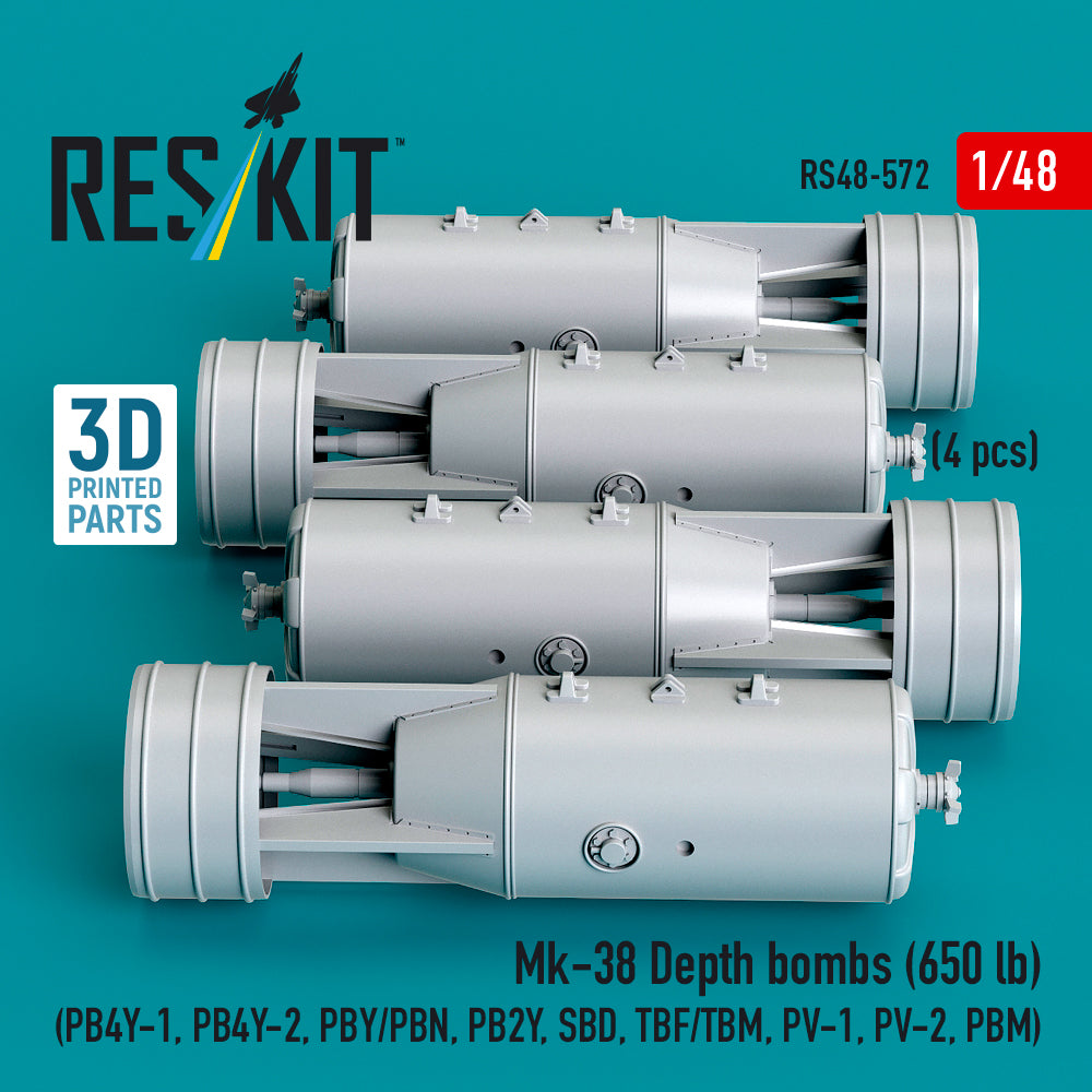 Mk-38 Depth bombs (650 lb) (4 pcs) (PB4Y-1, PB4Y-2, PBY/PBN, PB2Y, SBD, TBF/TBM, PV-1, PV-2, PBM) (3D Printed) Scale 1:48 ResKit RS48-0572