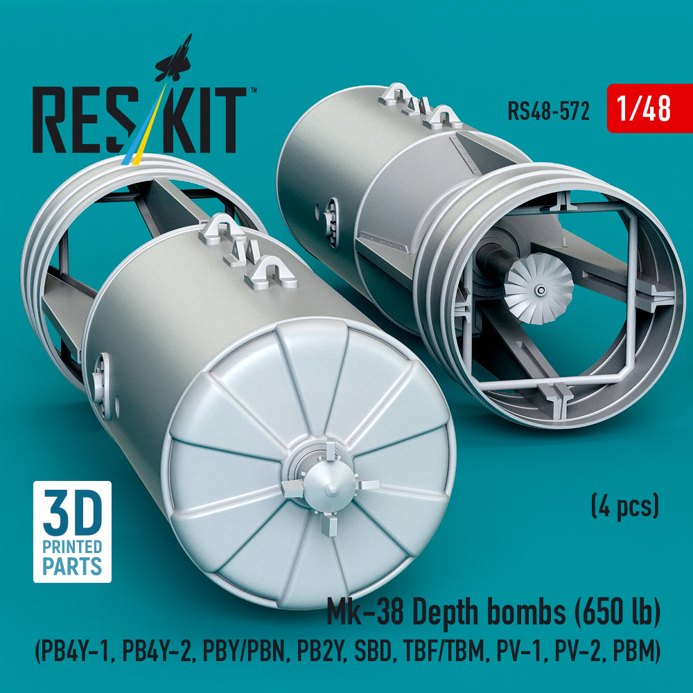 Mk-38 Depth bombs (650 lb) (4 pcs) (PB4Y-1, PB4Y-2, PBY/PBN, PB2Y, SBD, TBF/TBM, PV-1, PV-2, PBM) (3D Printed) Scale 1:48 ResKit RS48-0572