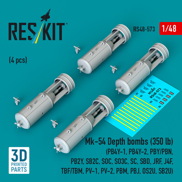 Mk-54 Depth bombs (350 lb) (4 pcs) (PB4Y-1, PB4Y-2, PBY/PBN, PB2Y, SB2C, SOC, SO3C, SC, SBD, JRF, J4F, TBF/TBM, PV-1, PV-2, PBM, PBJ, OS2U, SB2U) (3D Printed) Scale 1:48 ResKit RS48-0573